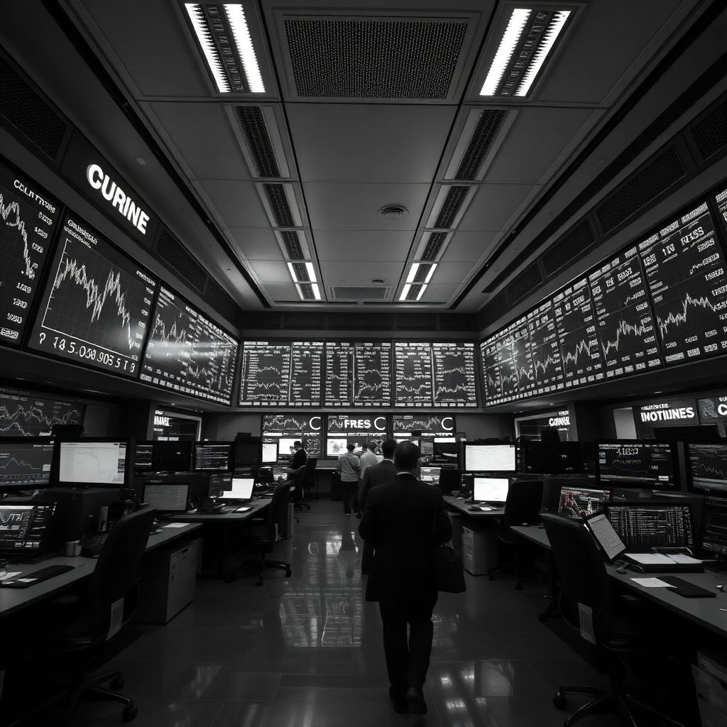 Black-and-white photo of a trading floor lined with monitors showing financial charts and tickers.