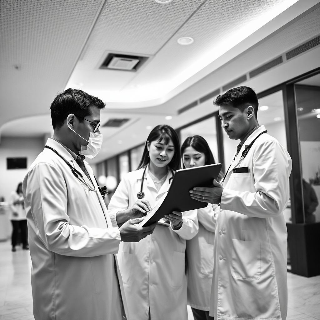 Black-and-white photo of clinicians in white coats reviewing patient information on a tablet in a clinic corridor.