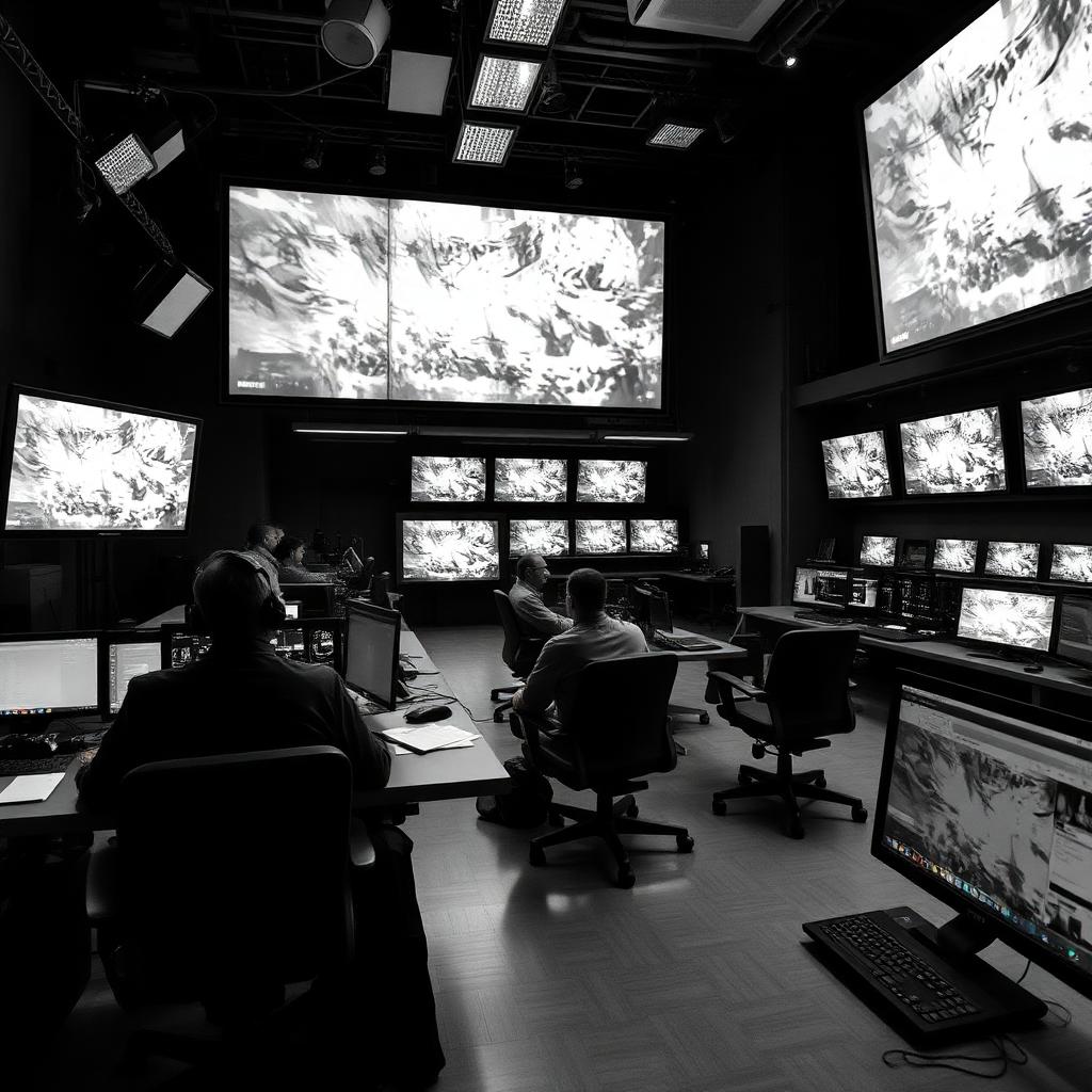 Black-and-white photo of a media control room with editors at workstations facing large display screens.