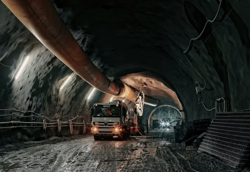 Haul truck driving through an underground mining tunnel with ventilation ducting overhead.