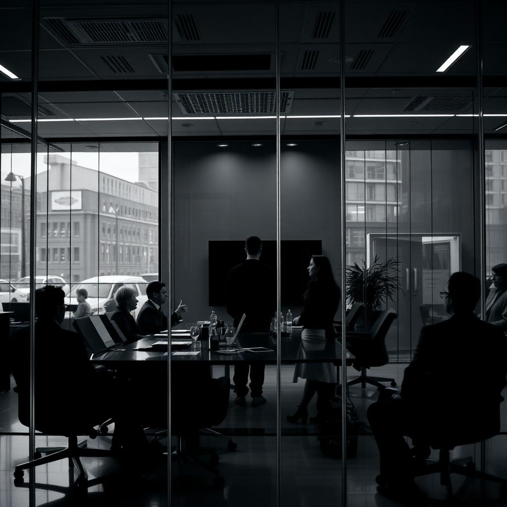 Black-and-white photo of professionals meeting around a boardroom table in a glass-walled office.