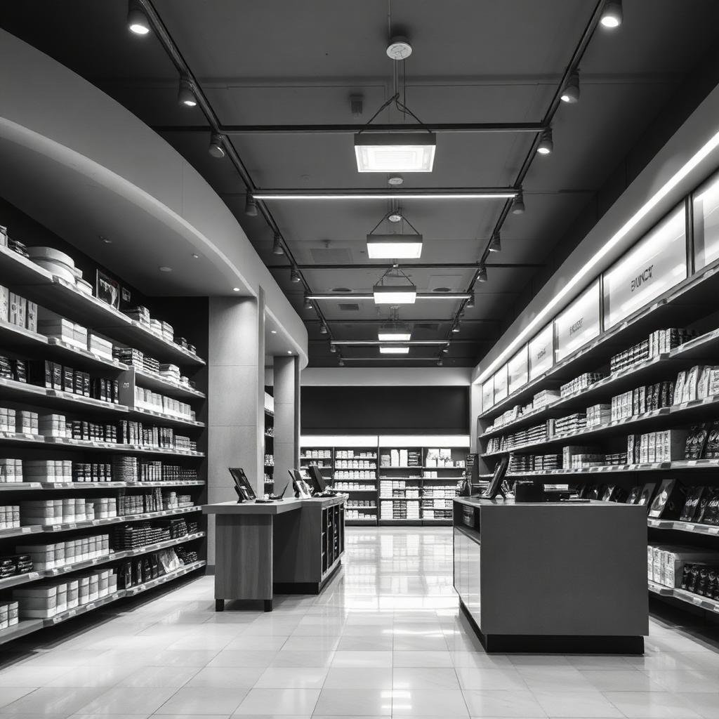 Black-and-white photo of a brightly lit modern retail store interior with stocked shelves and a checkout counter.